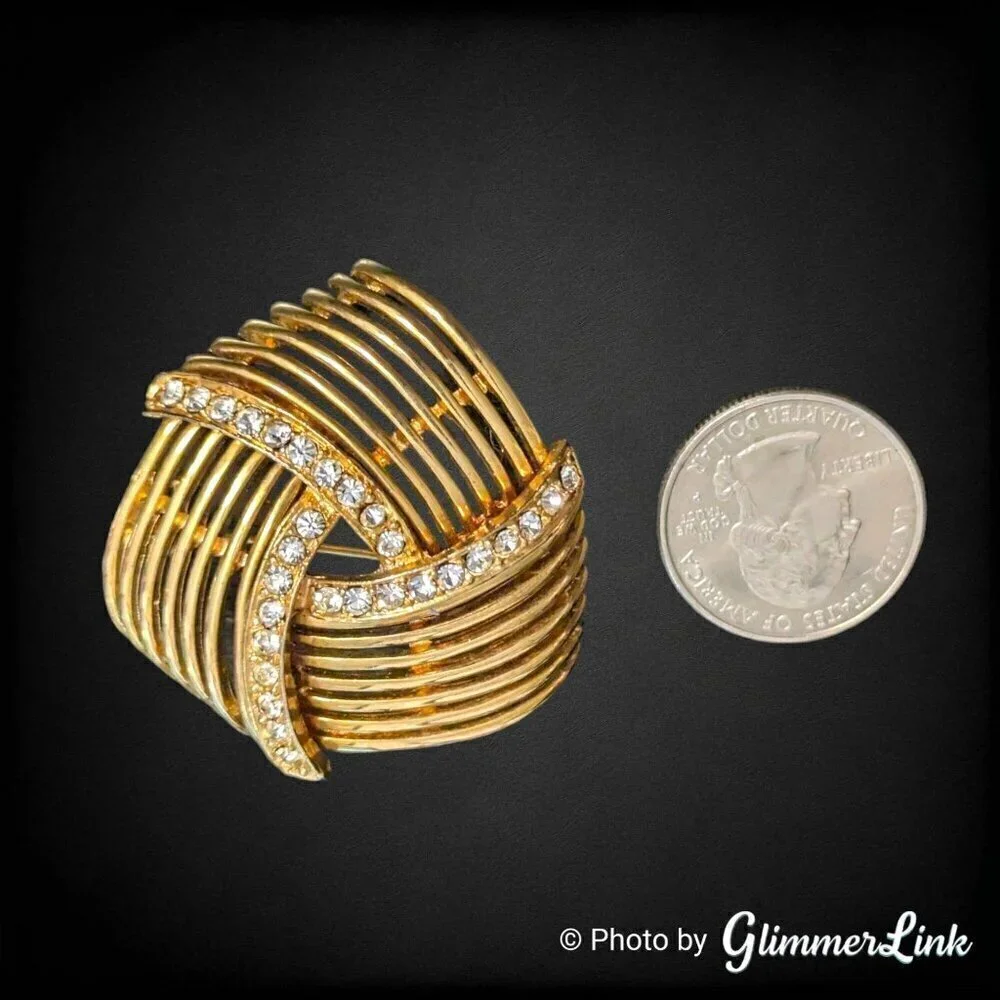 Vintage Striped Openwork Abstract Knot Rhinestone Large Gold Tone Brooch Pin